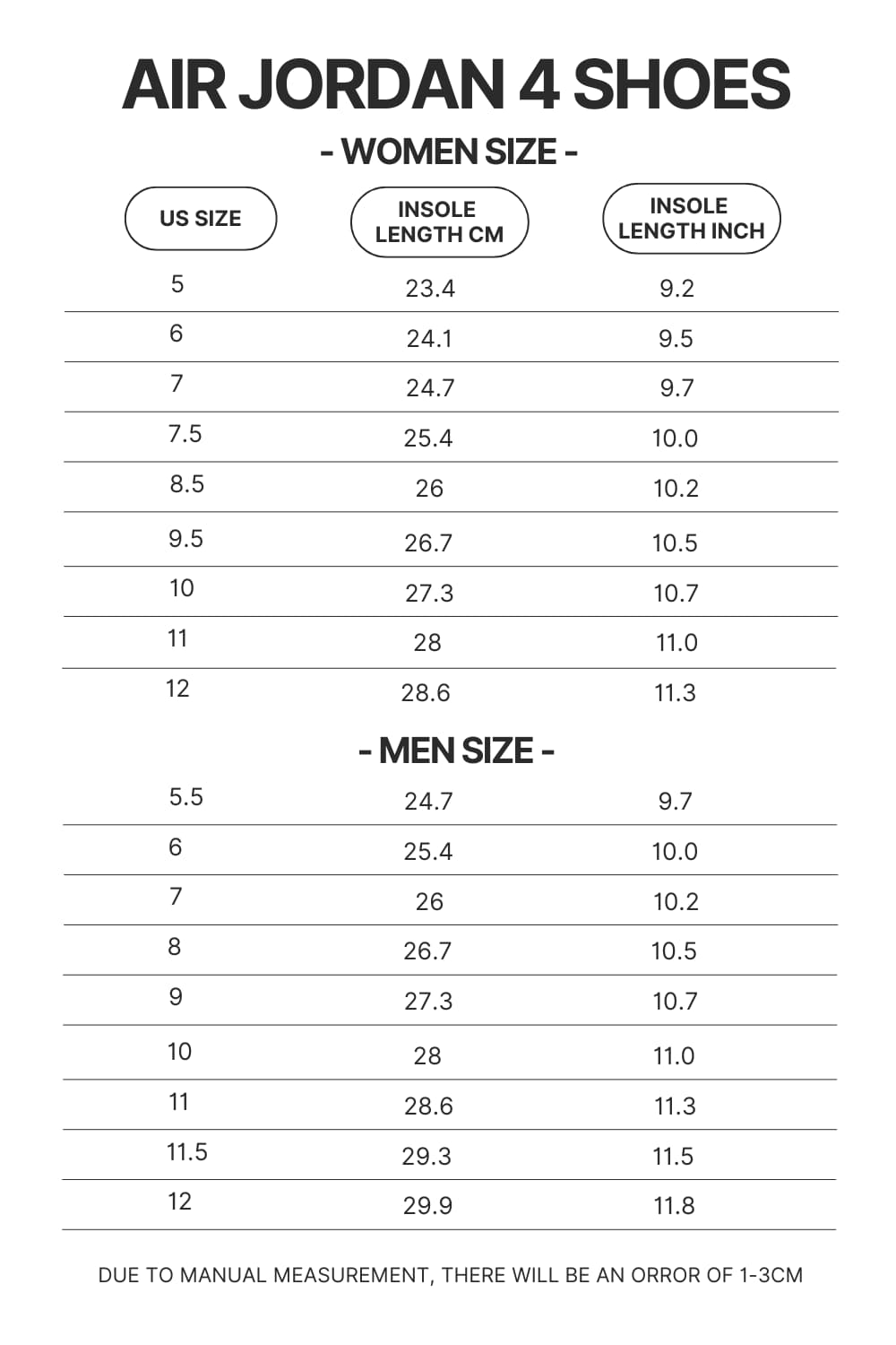 Air Jordan 4 Shoes Size Chart - Red Hot Chili Peppers Shop