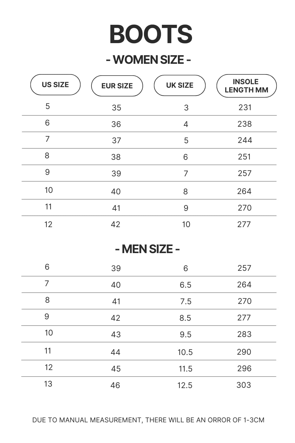 Boots Size Chart - Red Hot Chili Peppers Shop