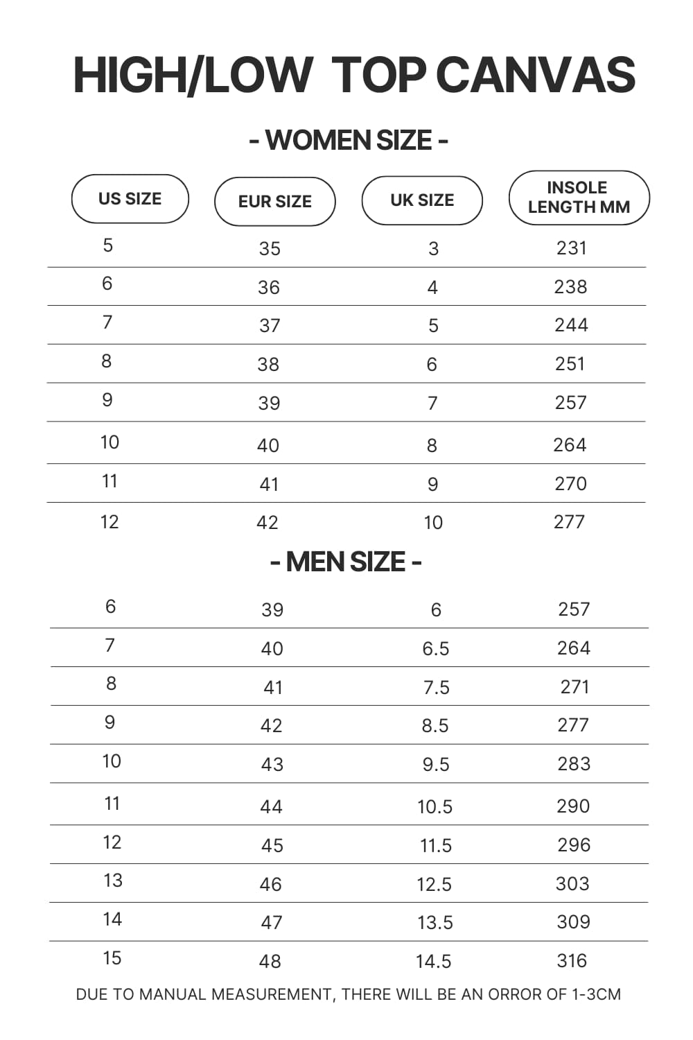 High Top Low Top Canvas Shoes Size Chart - Red Hot Chili Peppers Shop