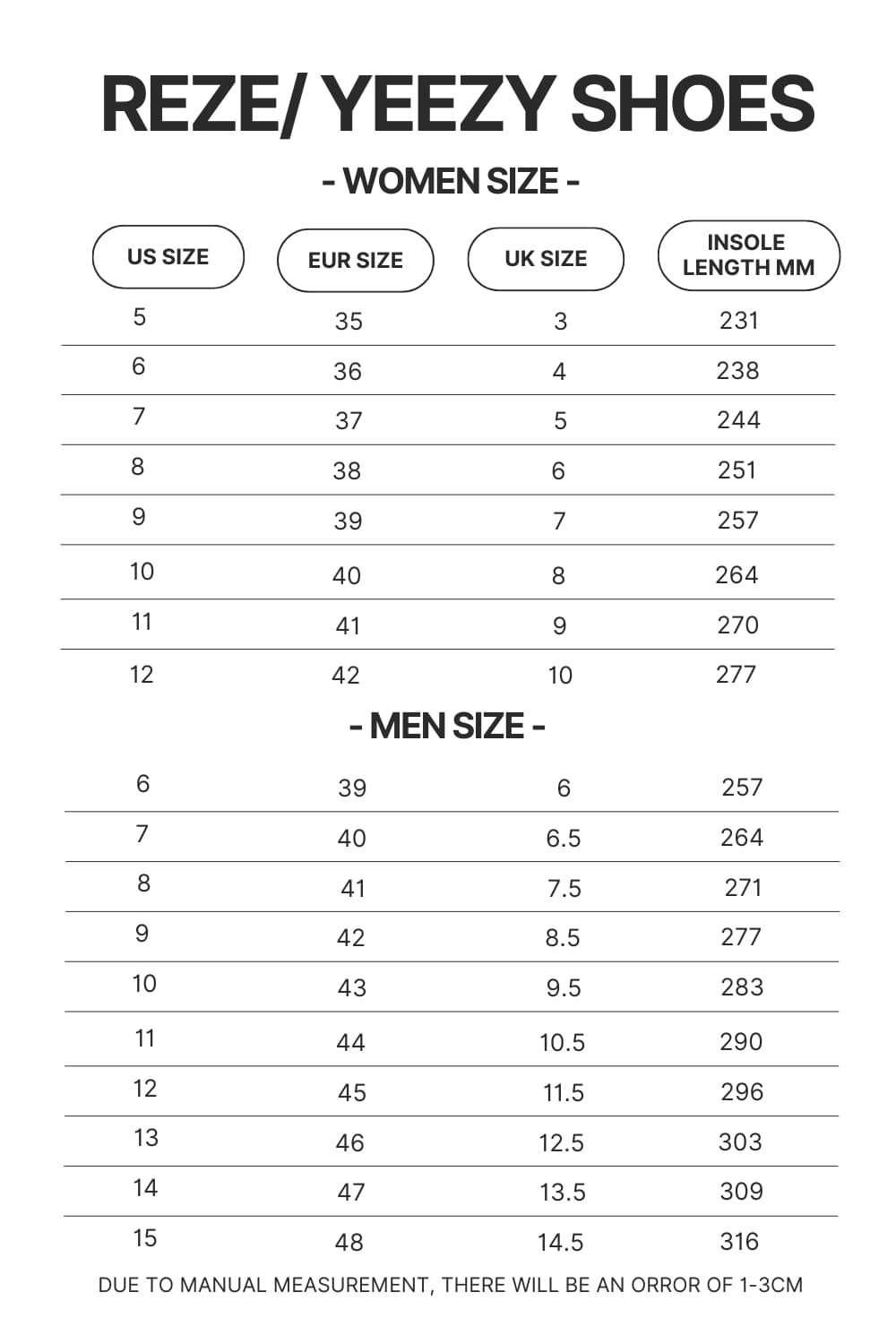 Reze Yeezy Shoes Size Chart - Red Hot Chili Peppers Shop